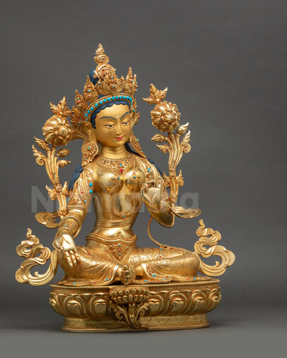 Green Tara Statue right side view intricate crown and lotus posture