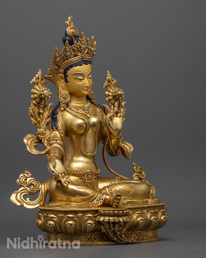 Green Tara Statue showing elegant posture, flowing robes, and traditional Himalayan artistry.