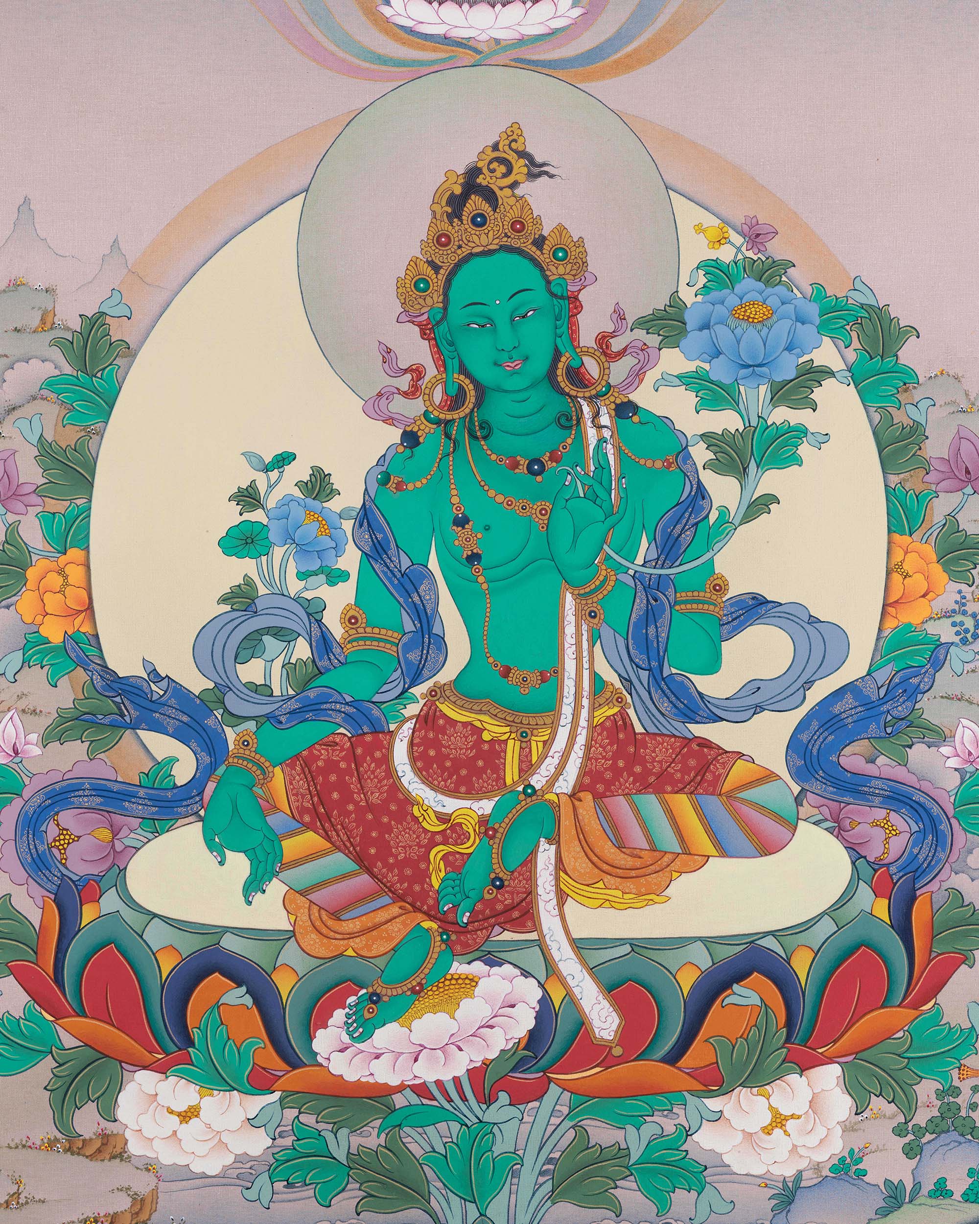Green Tara Thangka print featuring flowing robe, armlets, and five-jeweled crown