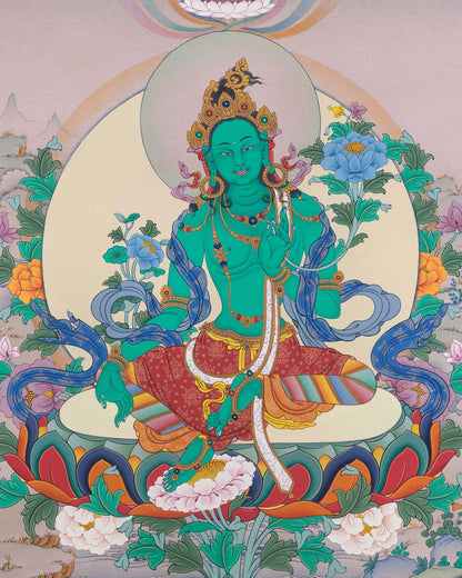 Green Tara Thangka print featuring flowing robe, armlets, and five-jeweled crown