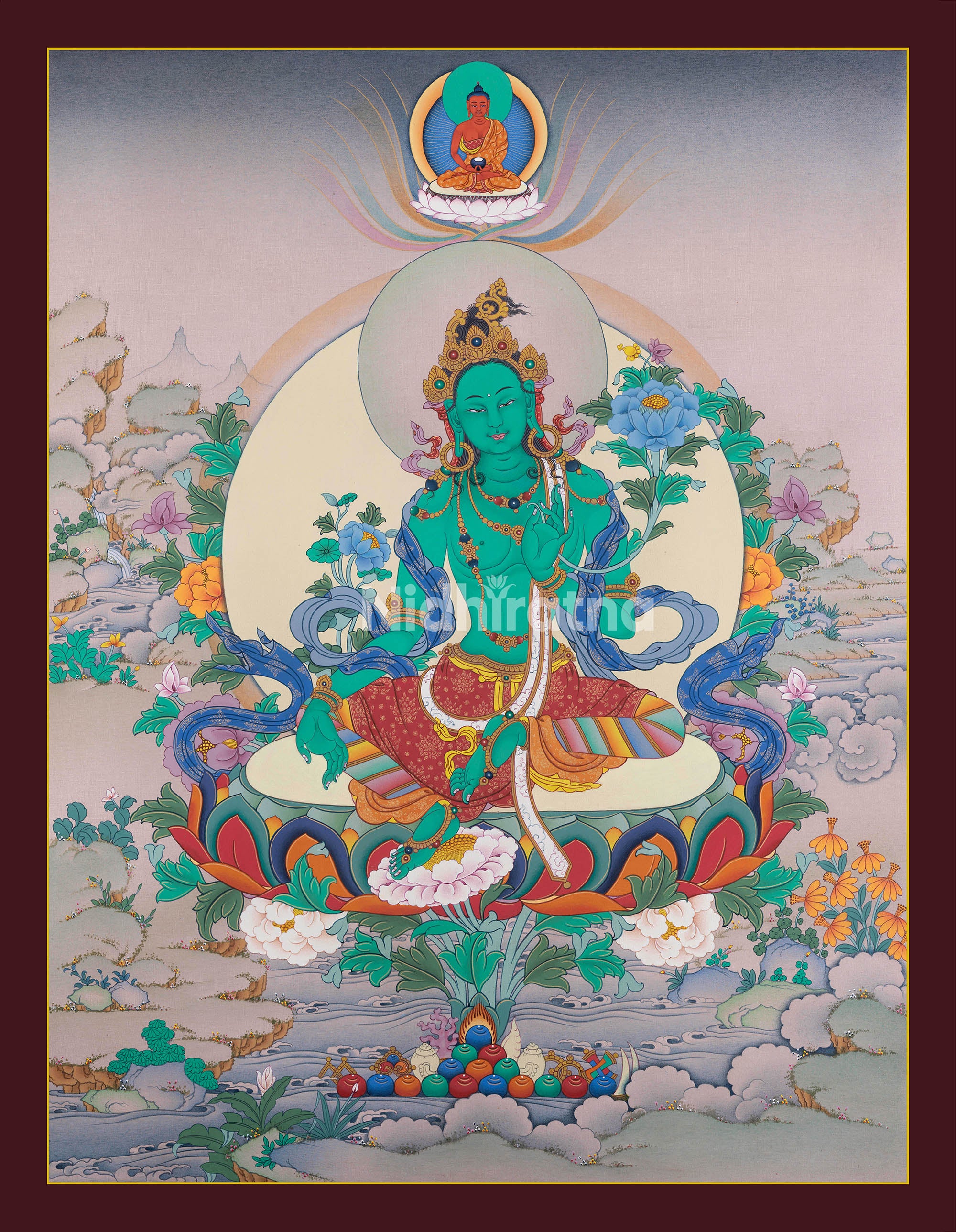 Green Tara Thangka print with Amitabha Buddha and lotus pedestal in serene setting