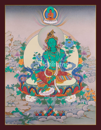Green Tara Thangka print with Amitabha Buddha and lotus pedestal in serene setting