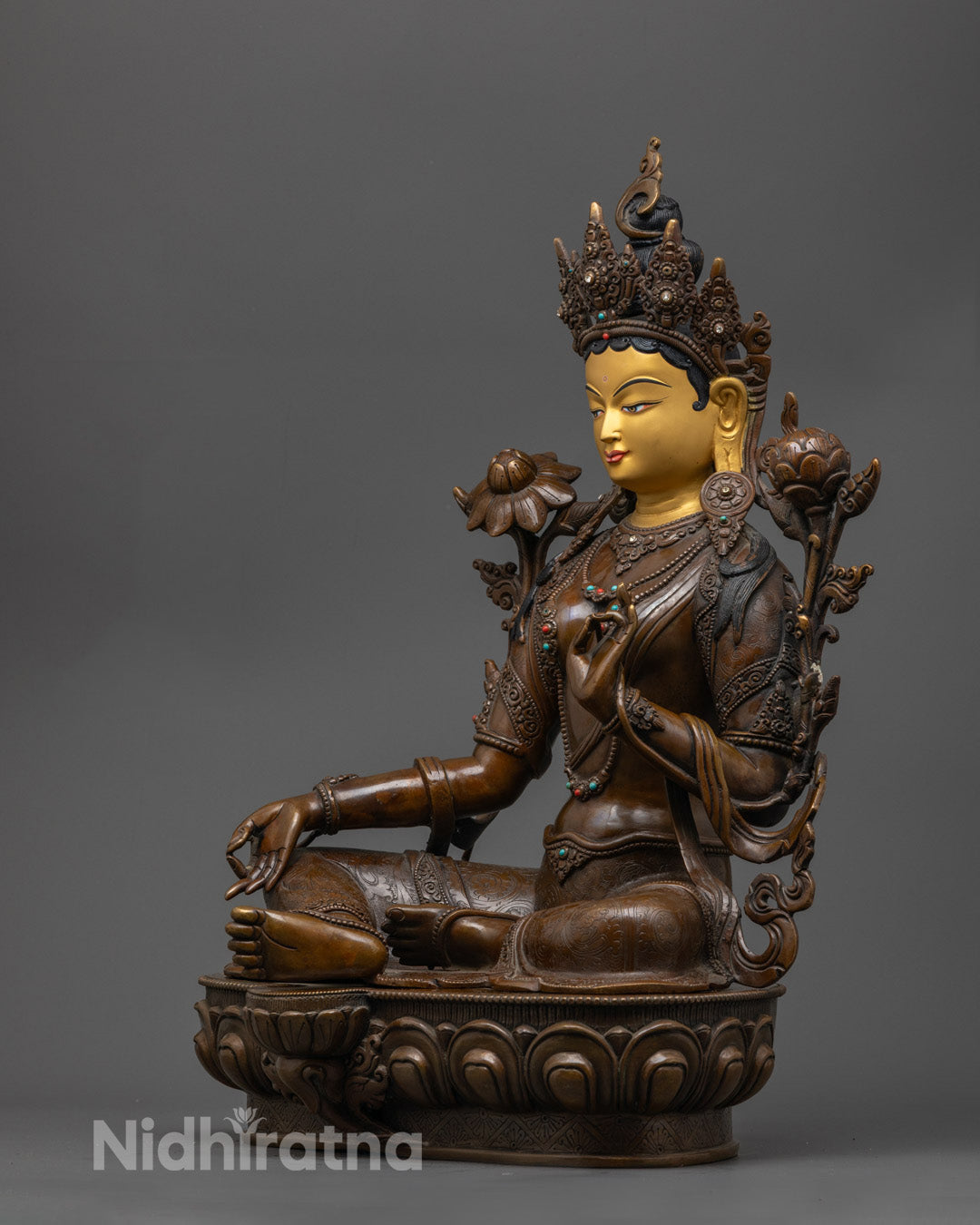 Green Tara Tibetan statue for altar or meditation room with vibrant acrylic accents