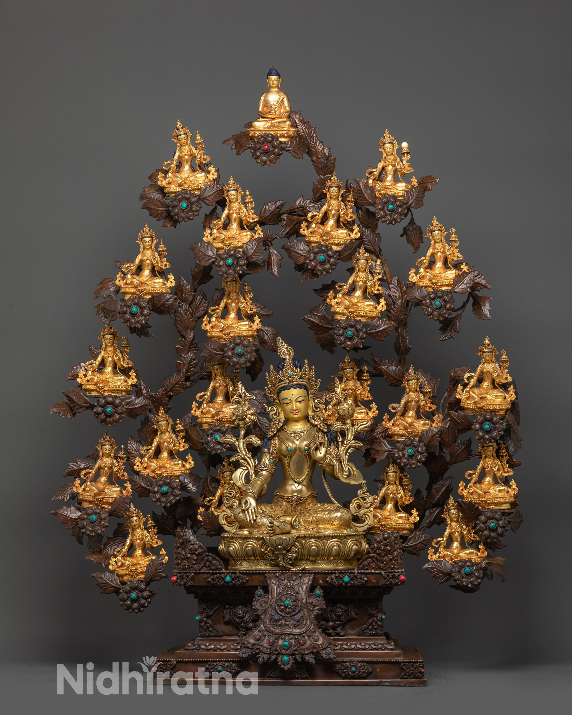Green Tara centerpiece 21 Tara Tree Statue Set oxidized copper branches semi-precious stones