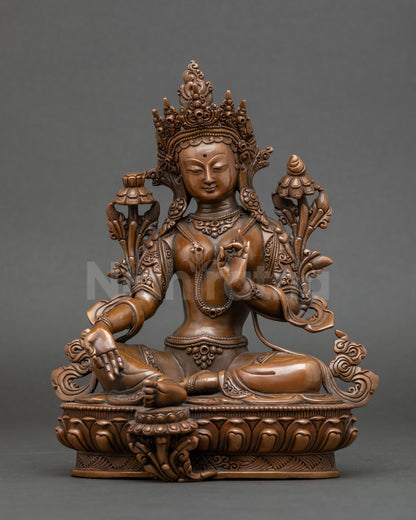 Green Tara meditation statue, handcrafted Nepalese copper, Lalitasana posture on lotus