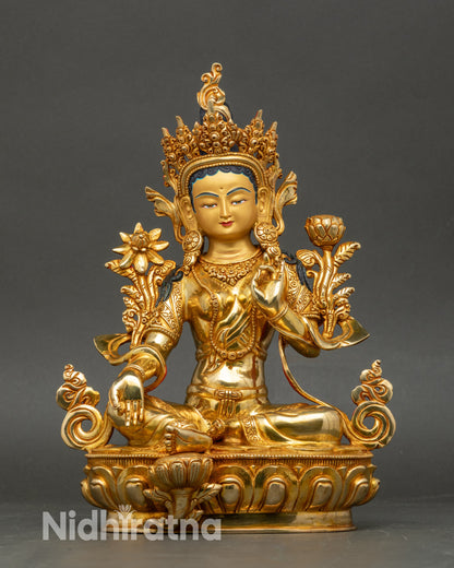 Green Tara meditation statue handcrafted in Patan Nepal with 24K gold detailing