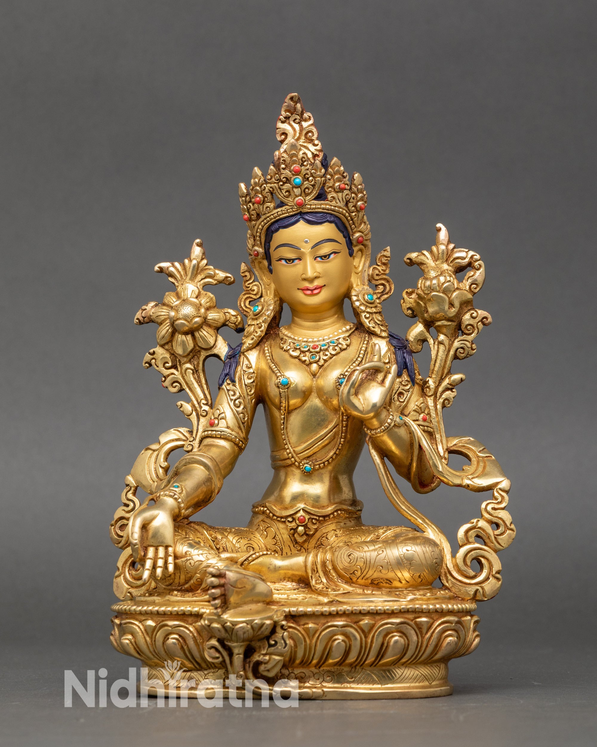 Green Tara meditation statue with gold fire-gilded copper and lotus flower pedestal