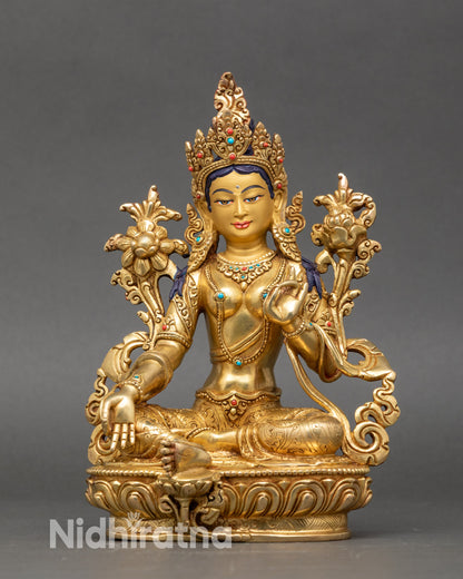 Green Tara meditation statue with gold fire-gilded copper and lotus flower pedestal