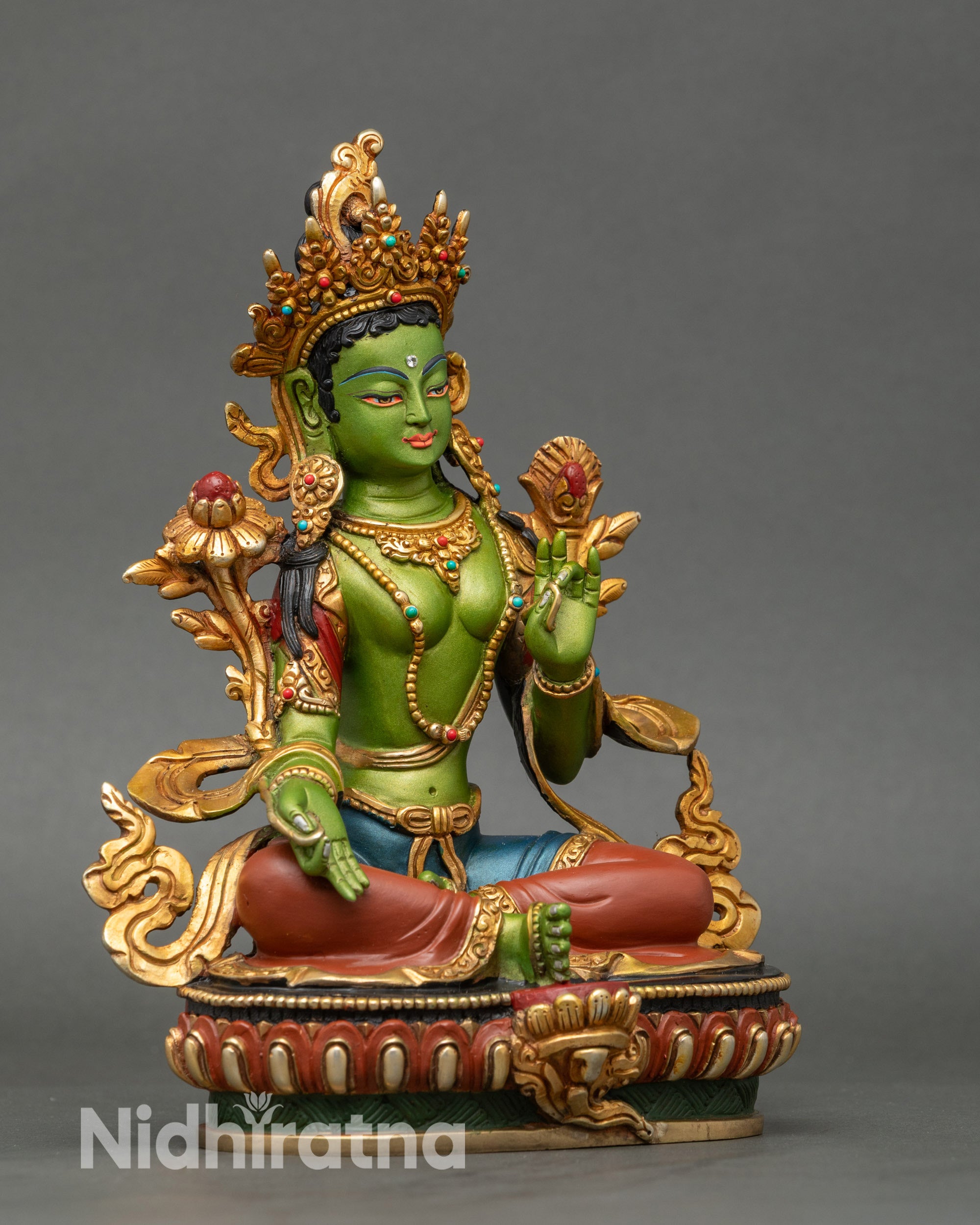 Green Tara right view side, hand-painted copper, semi-precious stones, Nepalese artwork