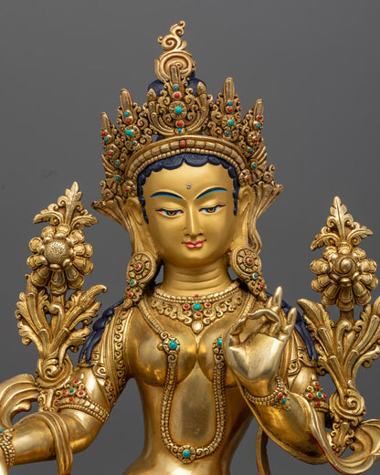 Green Tara’s serene face and intricate crown, highlighting fine detailing and premium 24k gold gilding craftsmanship.