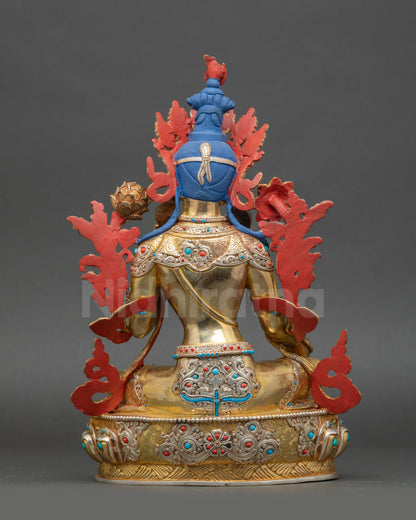 Green Tara statue back view detailed lotus design copper sculpture Nepal