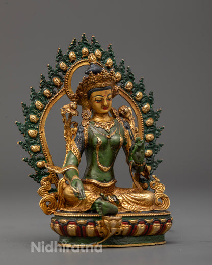 Green Tara statue base with lotus throne and hollow section for mantra filling and meditation rituals