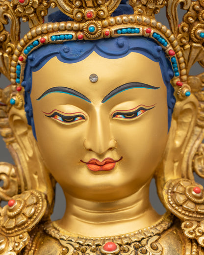 Green Tara statue detailed face gold-gilded copper with semi-precious stones