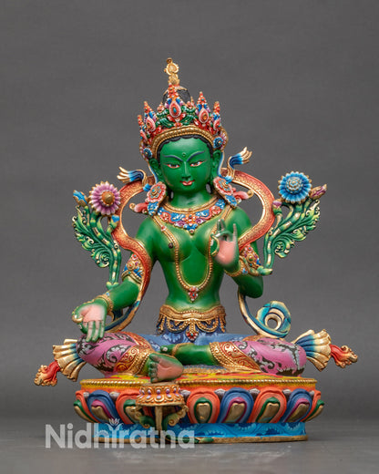 Green Tara statue for meditation and protection, handcrafted Nepalese copper with gold-plated finish