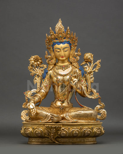 Green Tara statue front view gold-gilded copper Himalayan Buddhist sculpture