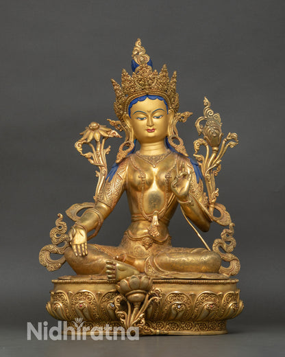 Green Tara statue front view, handcrafted copper with gold fire-gilded details