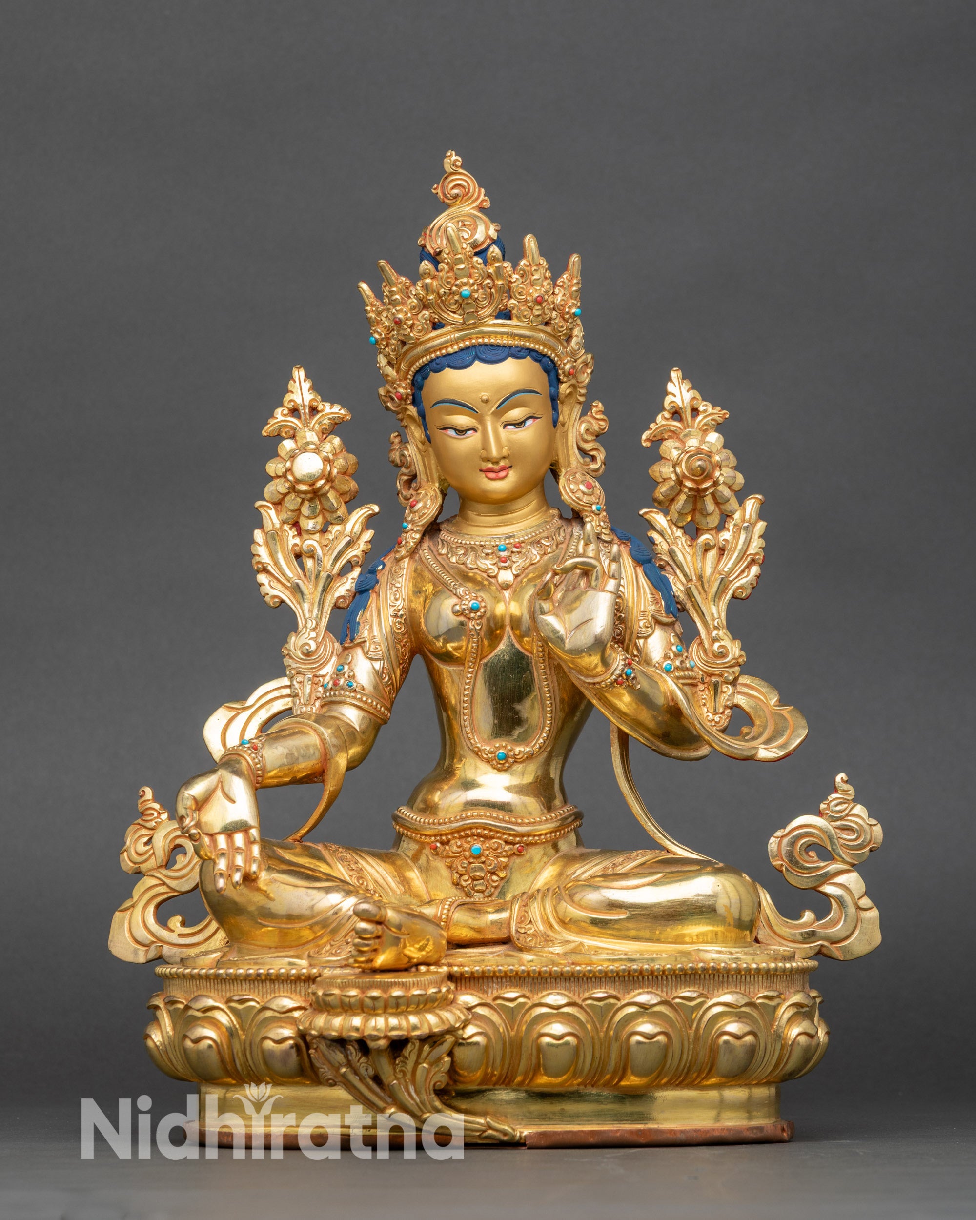 Green Tara statue front view, handcrafted copper with gold fire-gilded lotus pedestal