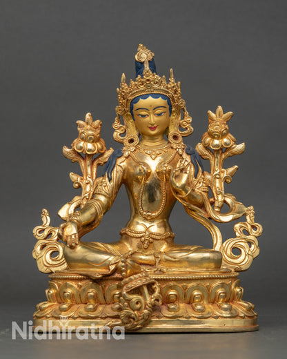 Green Tara statue front view, handcrafted copper with gold fire-gilding