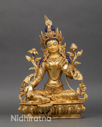 Green Tara statue handcrafted from gold fire-gilded bronze with semi-precious stones and lotus pedestal
