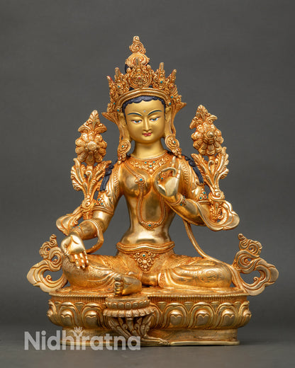 Green Tara statue handcrafted in Patan, Nepal, copper with 24K gold fire-gilding
