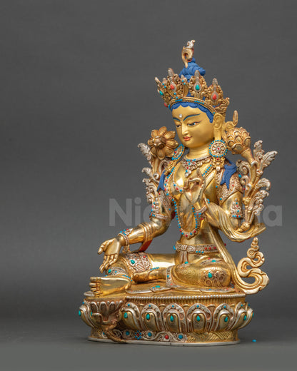 Green Tara statue left side view handcrafted Nepalese Buddhist deity sculpture