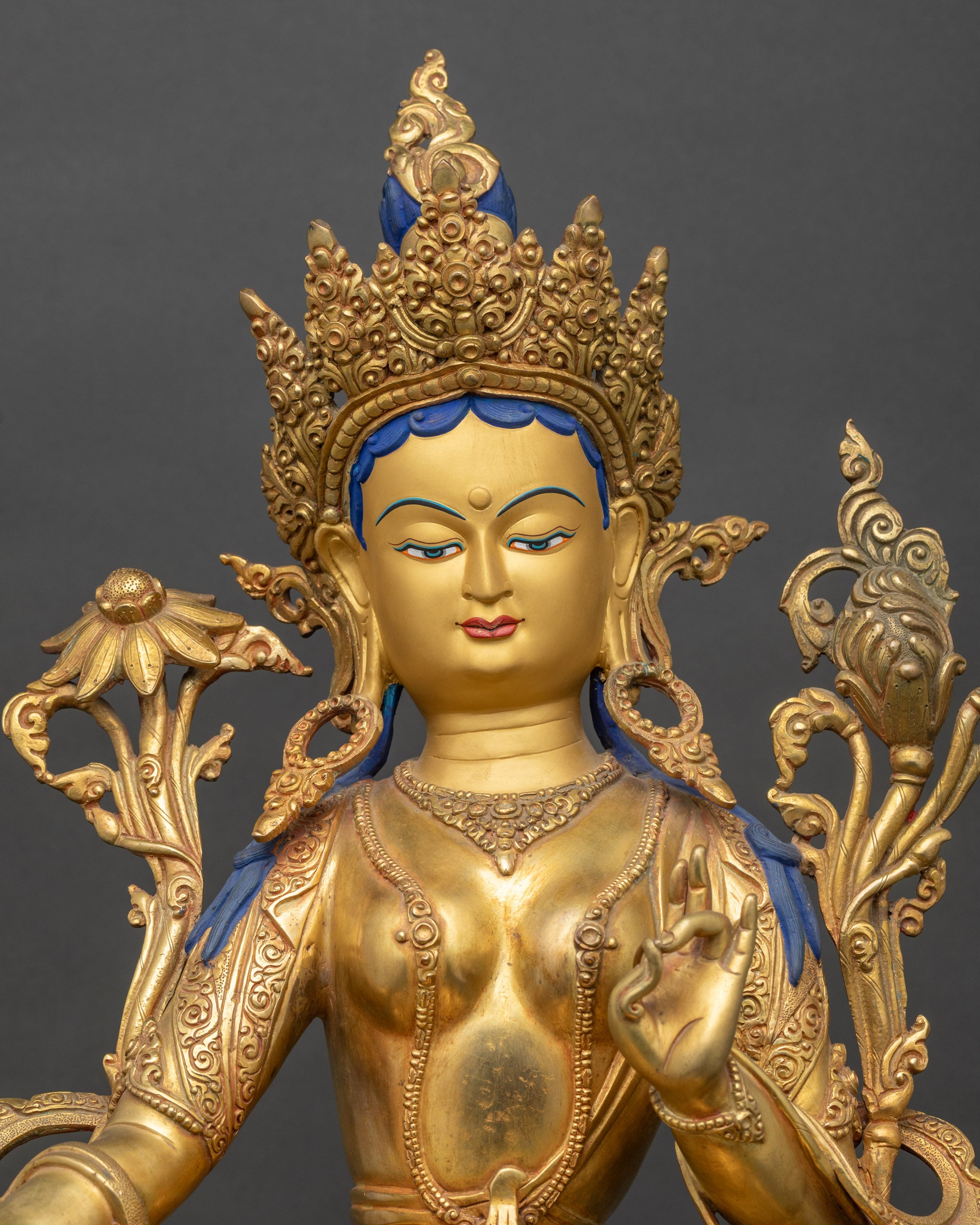 Green Tara statue regular close-up, detailed Nepalese Buddhist artwork for meditation