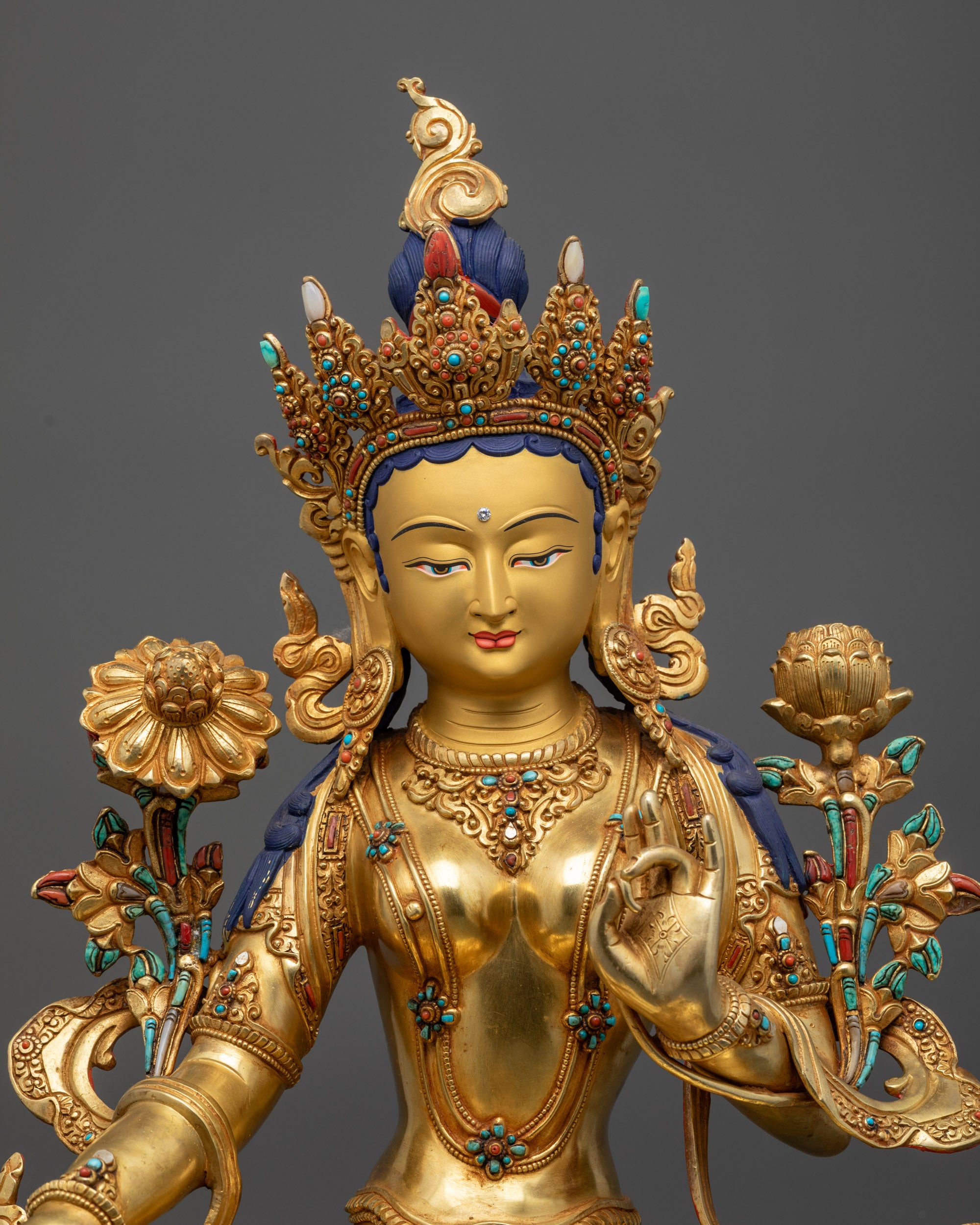 Green Tara statue regular close up showing Five-Jeweled Crown and semi-precious stones