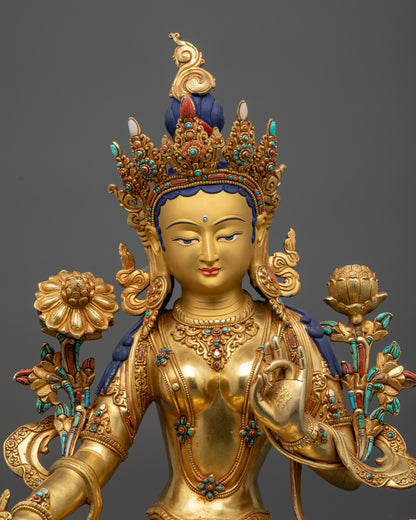 Green Tara statue regular close up showing Five-Jeweled Crown and semi-precious stones