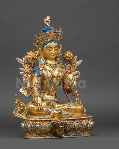 Green Tara statue right side view copper sculpture gold and silver finish Nepal