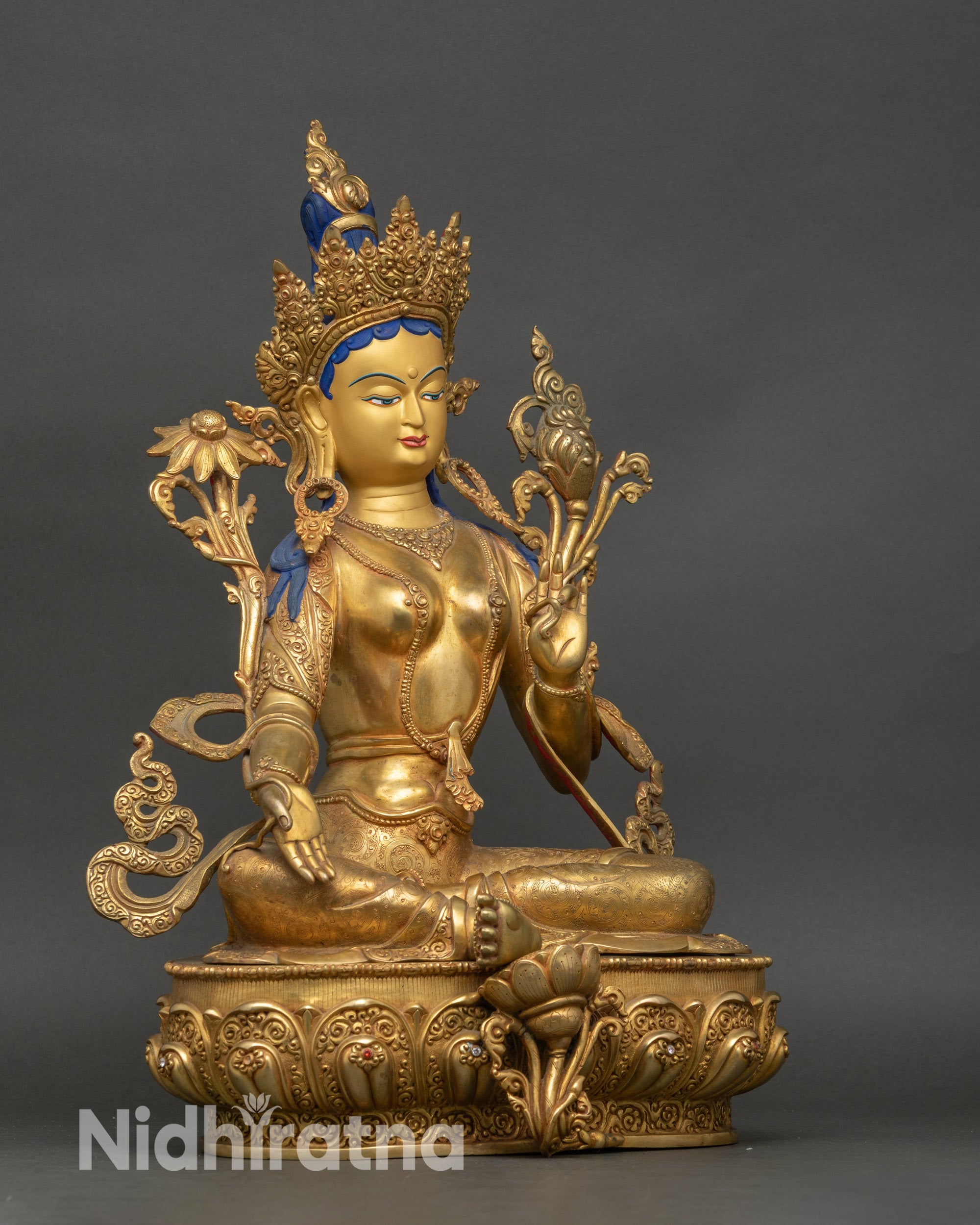 Green Tara statue right view side, handcrafted Himalayan Buddhist sculpture