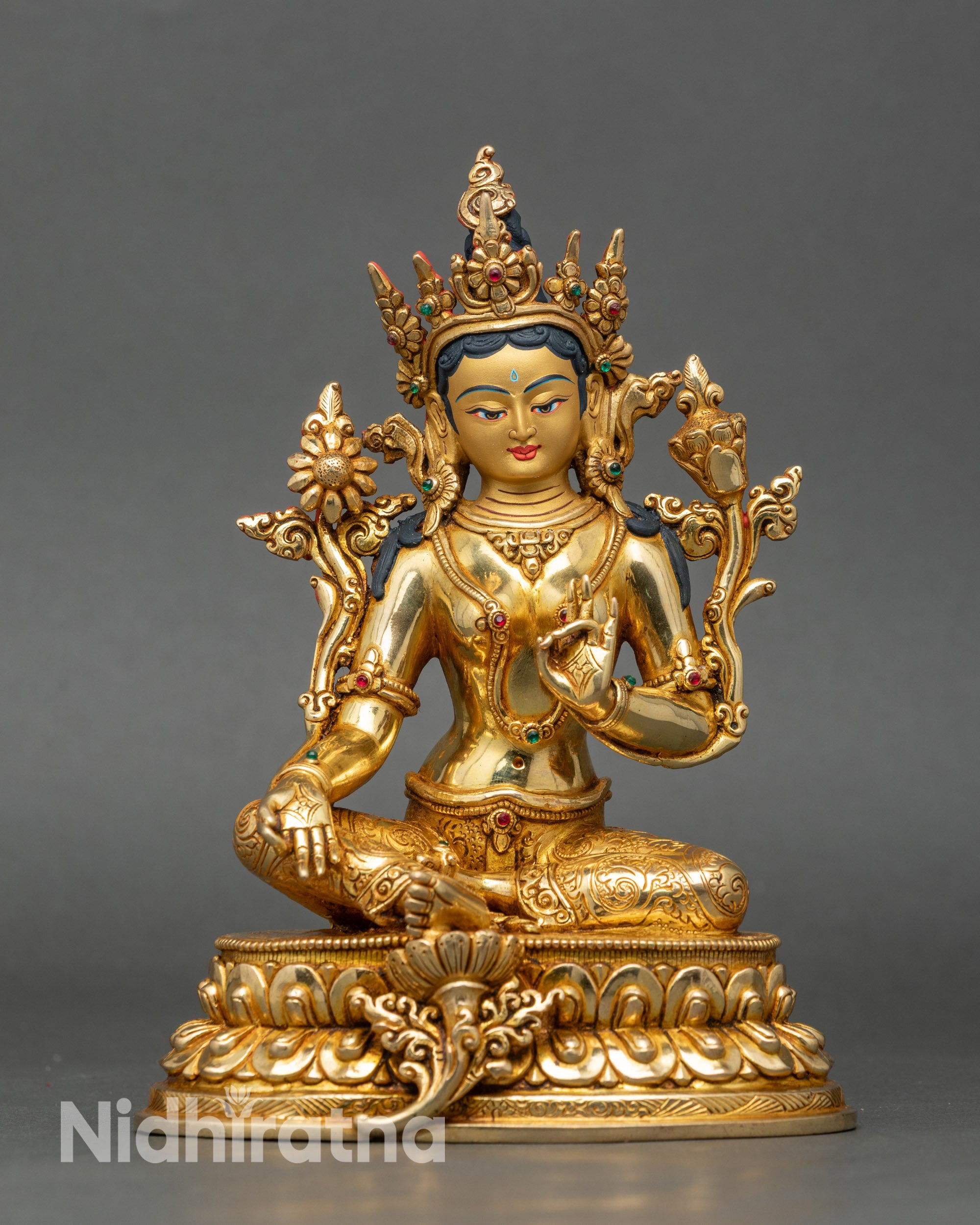 Green Tara statue seated on lotus pedestal, handcrafted copper, 24K gold fire-gilded