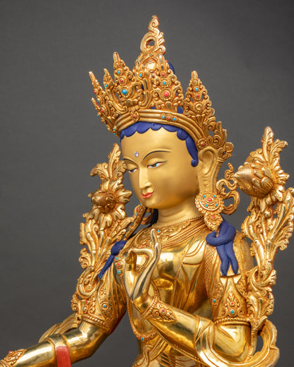Green Tara statue side close up highlighting intricate 3D carved details