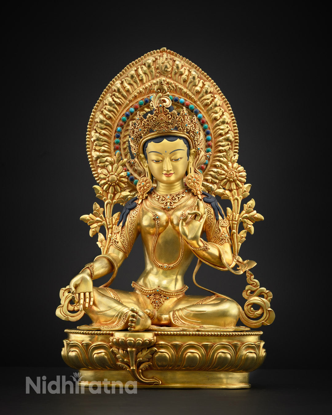 Handcrafted Green Tara Statue | Spiritual Buddhist Decor | Beautifully adorned with semi-precious stones green tara statue