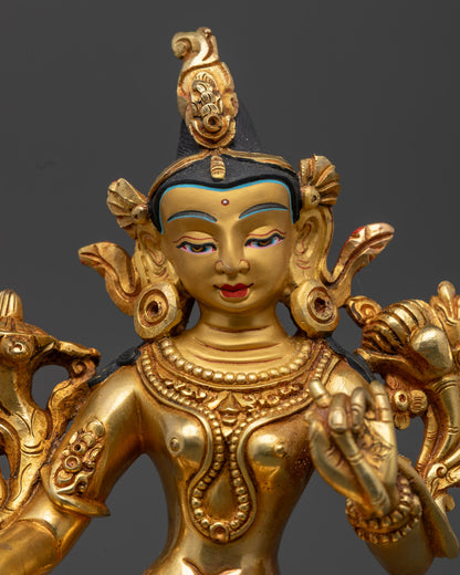 Tibetan Green Tara Statue | 24K Gold Copper Sculpture