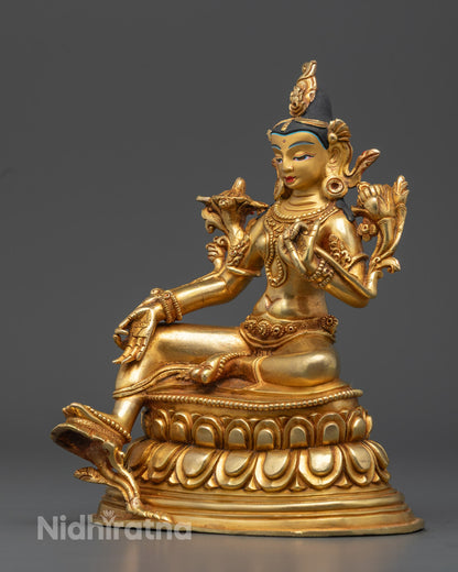 Tibetan Green Tara Statue | 24K Gold Copper Sculpture