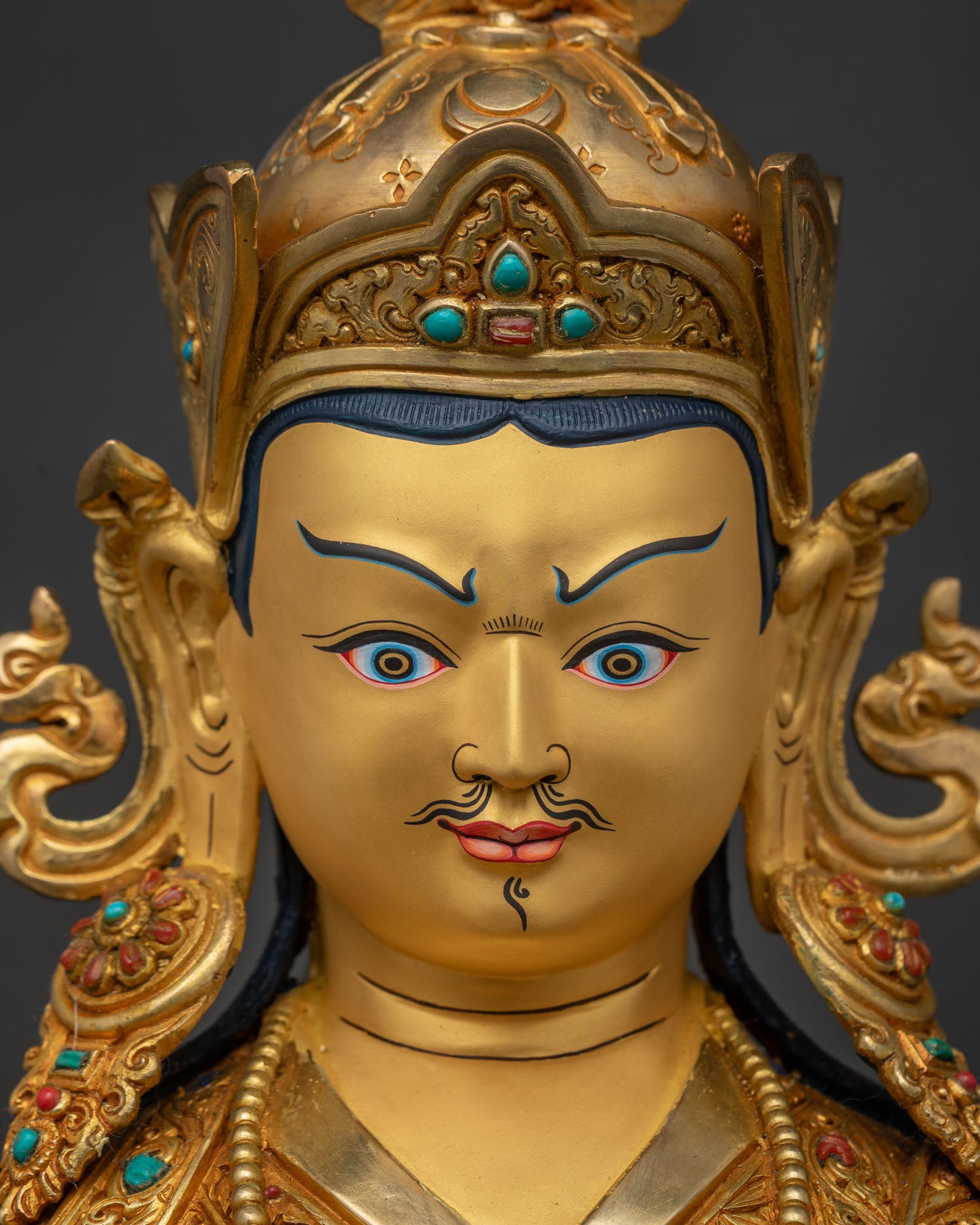 Guru Norlha gold-painted face and lotus hat with vulture feather, 24K fire-gilded copper