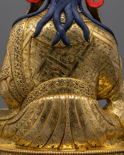 Guru Rinpoche Padmasambhava statue | Tibetan Buddhist figure | lotus-born master, Vajrayana guru, tantric meditation teacher, holding vajra and kapala, seated on lotus throne, rich traditional attire, Himalayan Buddhist icon.