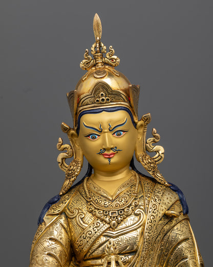Guru Rinpoche Padmasambhava statue | Tibetan Buddhist figure | lotus-born master, Vajrayana guru, tantric meditation teacher, holding vajra and kapala, seated on lotus throne, rich traditional attire, Himalayan Buddhist icon.