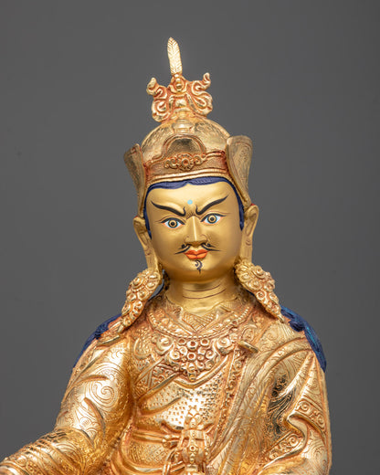 Close-up of detailed carvings on guru’s robe on Padmasambhava statue, Himalayan craftsmanship