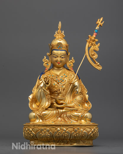Front view of Guru Rinpoche Statue seated on lotus throne