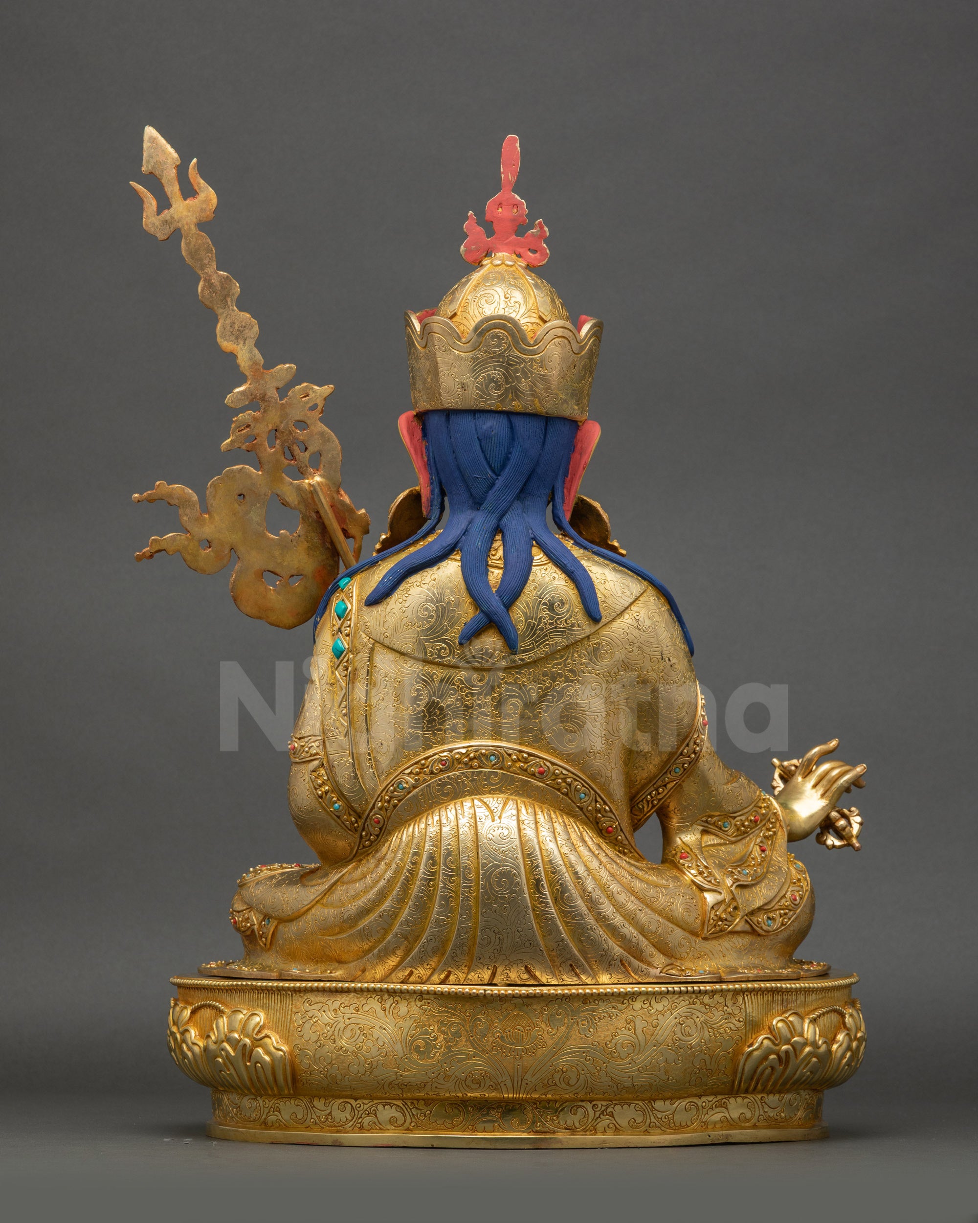 Back view of Guru Padmasambhava Statue showing lotus seat and detailed robe patterns