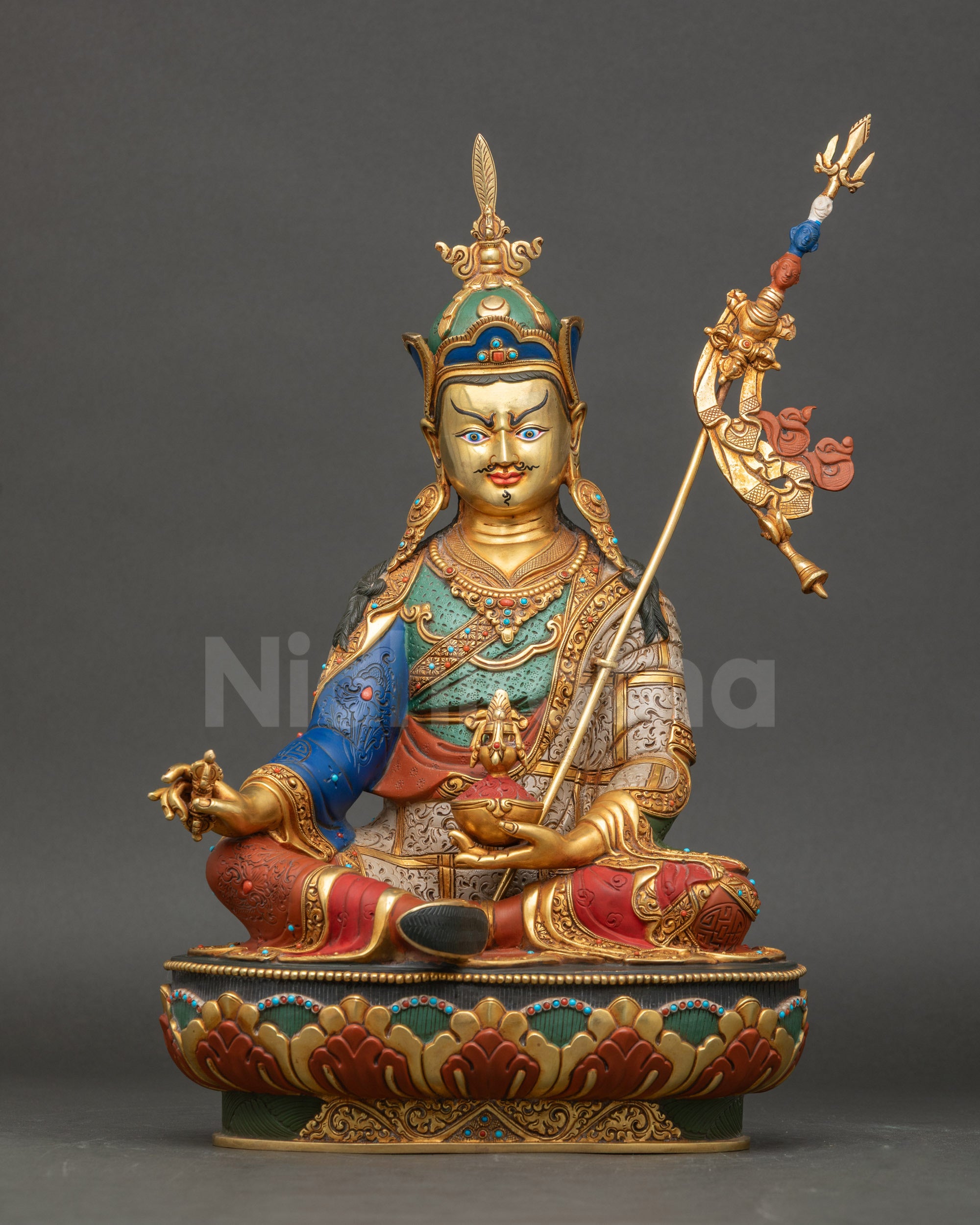 Guru Padmasambhava Copper Statue Front View Handcrafted Nepalese Artwork