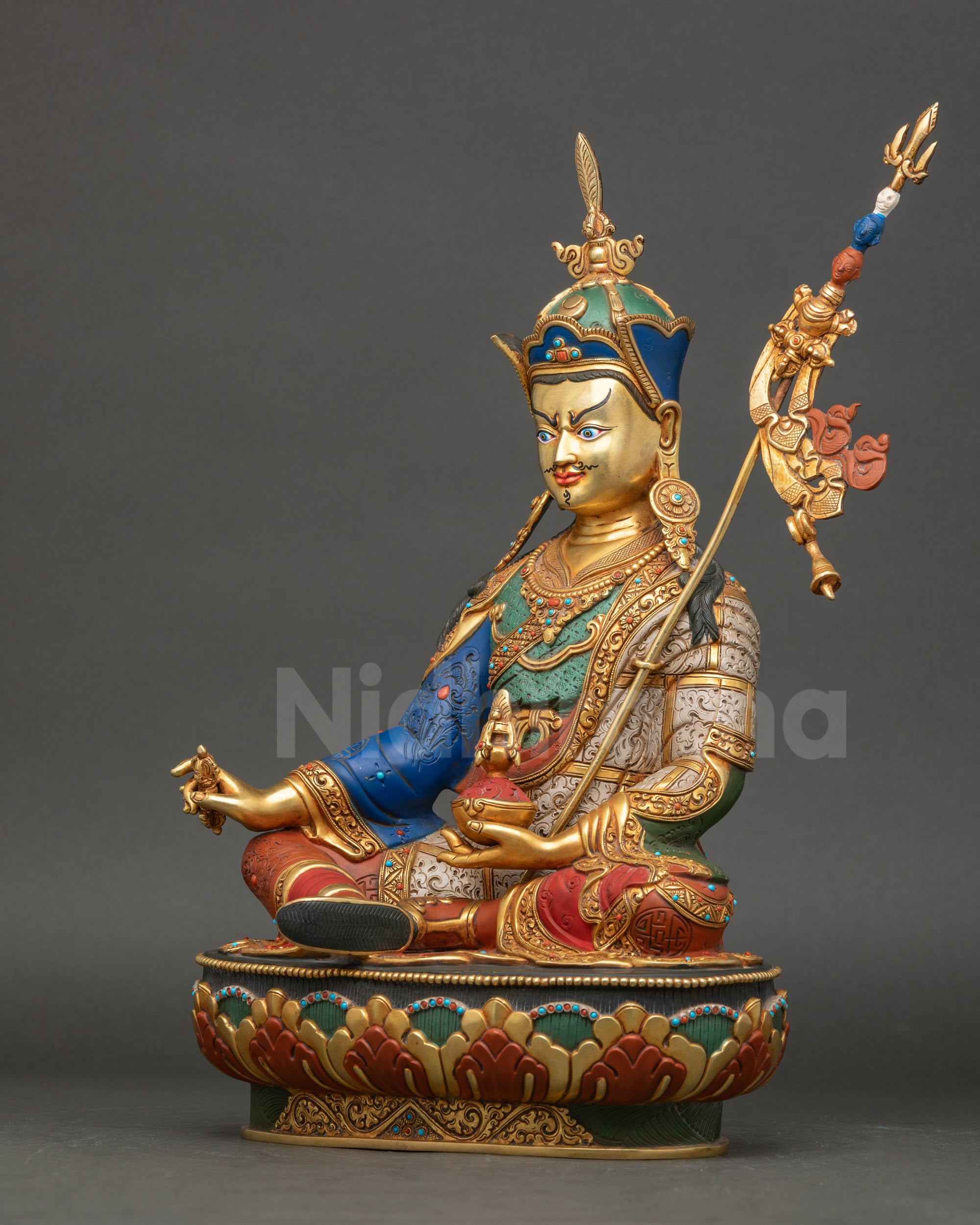 Guru Padmasambhava Copper Statue Left Side View Detailed Nepalese Art