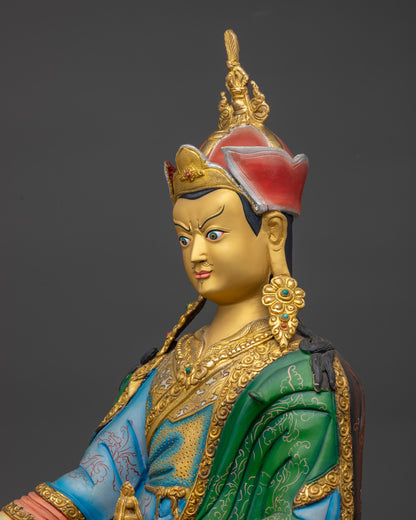 Guru Padmasambhava Statue detailed side close up with khatvanga trident and carvings