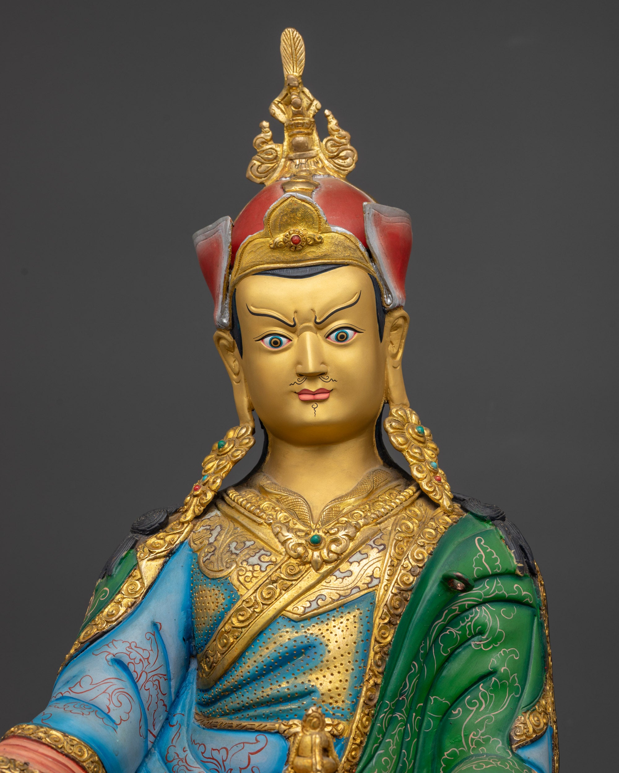 Guru Padmasambhava Statue regular close up showing carved crown and jewellery

