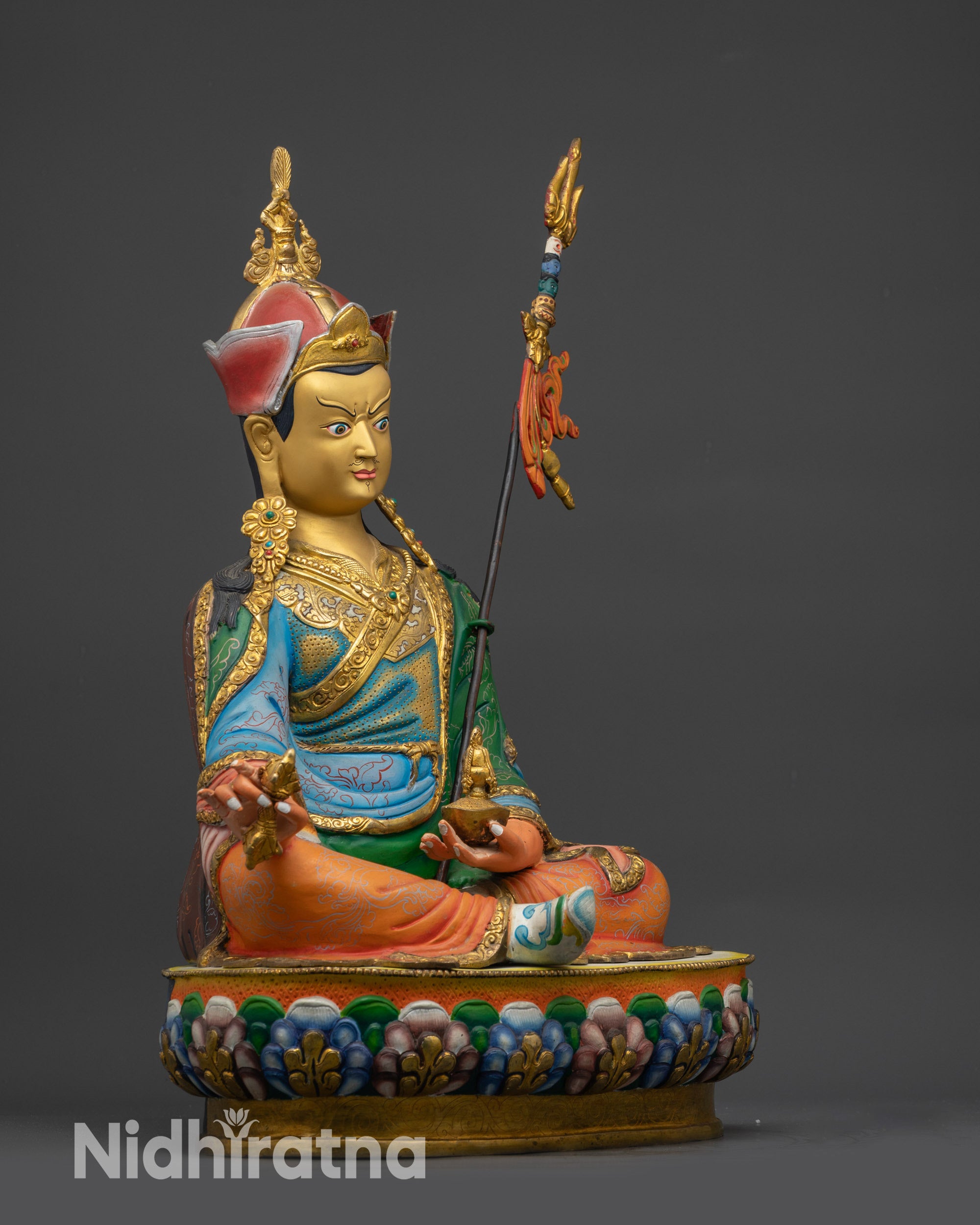 Guru Padmasambhava Statue right side view with vajra, skull cup, and lotus crown