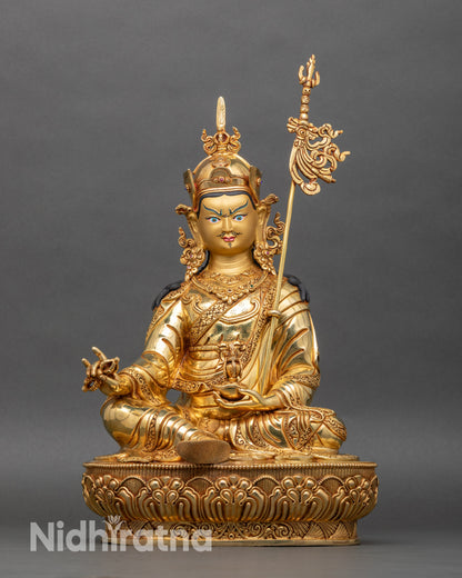 Guru Padmasambhava statue full view, handcrafted copper with gold fire-gilding