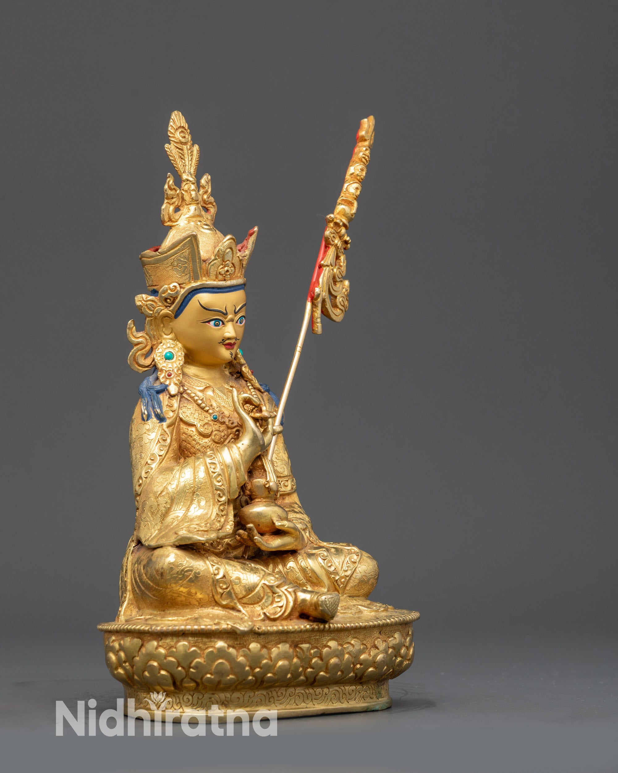 Guru Padmasambhava statue right side view lotus seat Tibetan sculpture