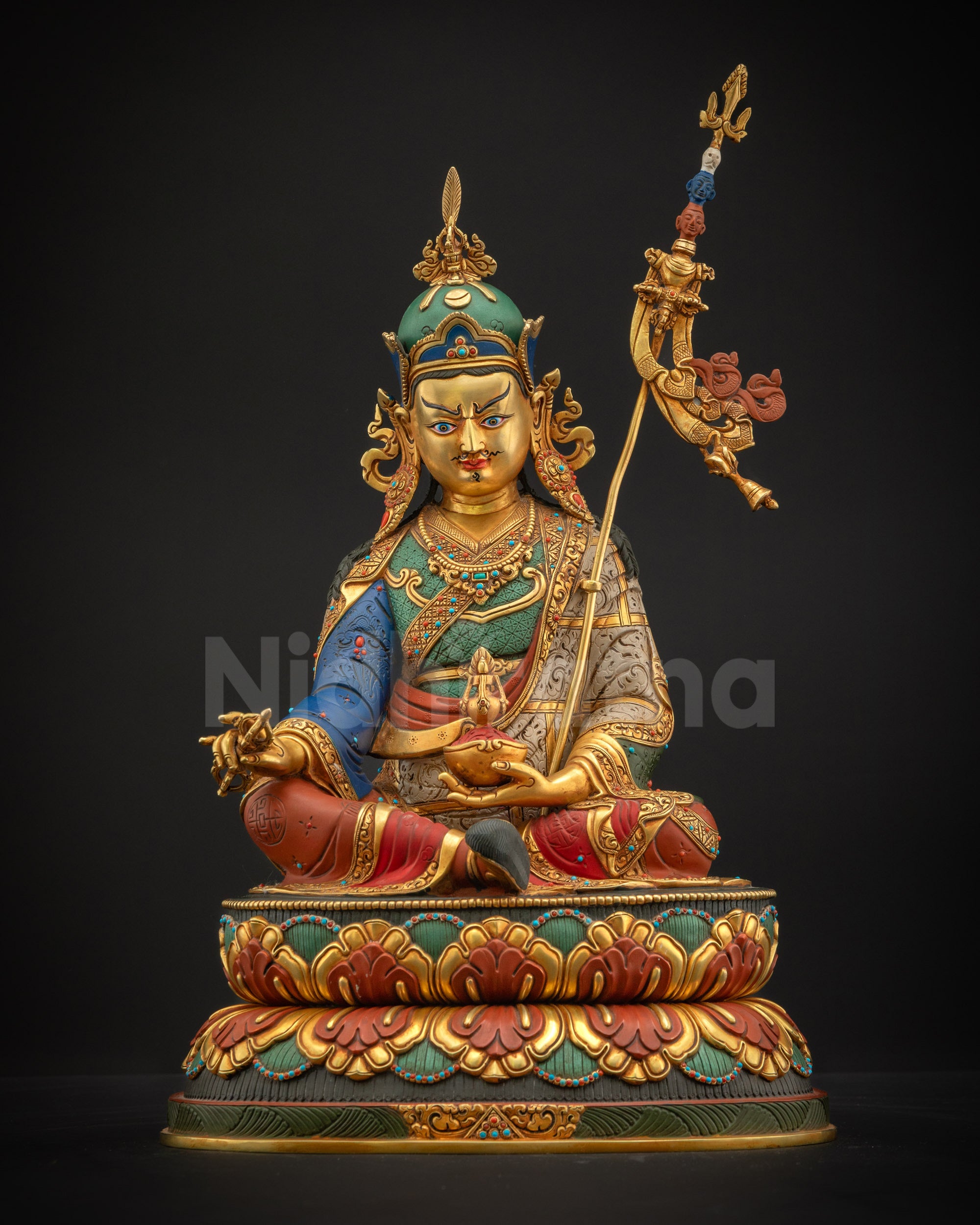 Guru Rinpoche Padmasambhava statue front view copper gilded seated on double-layered lotus pedestal