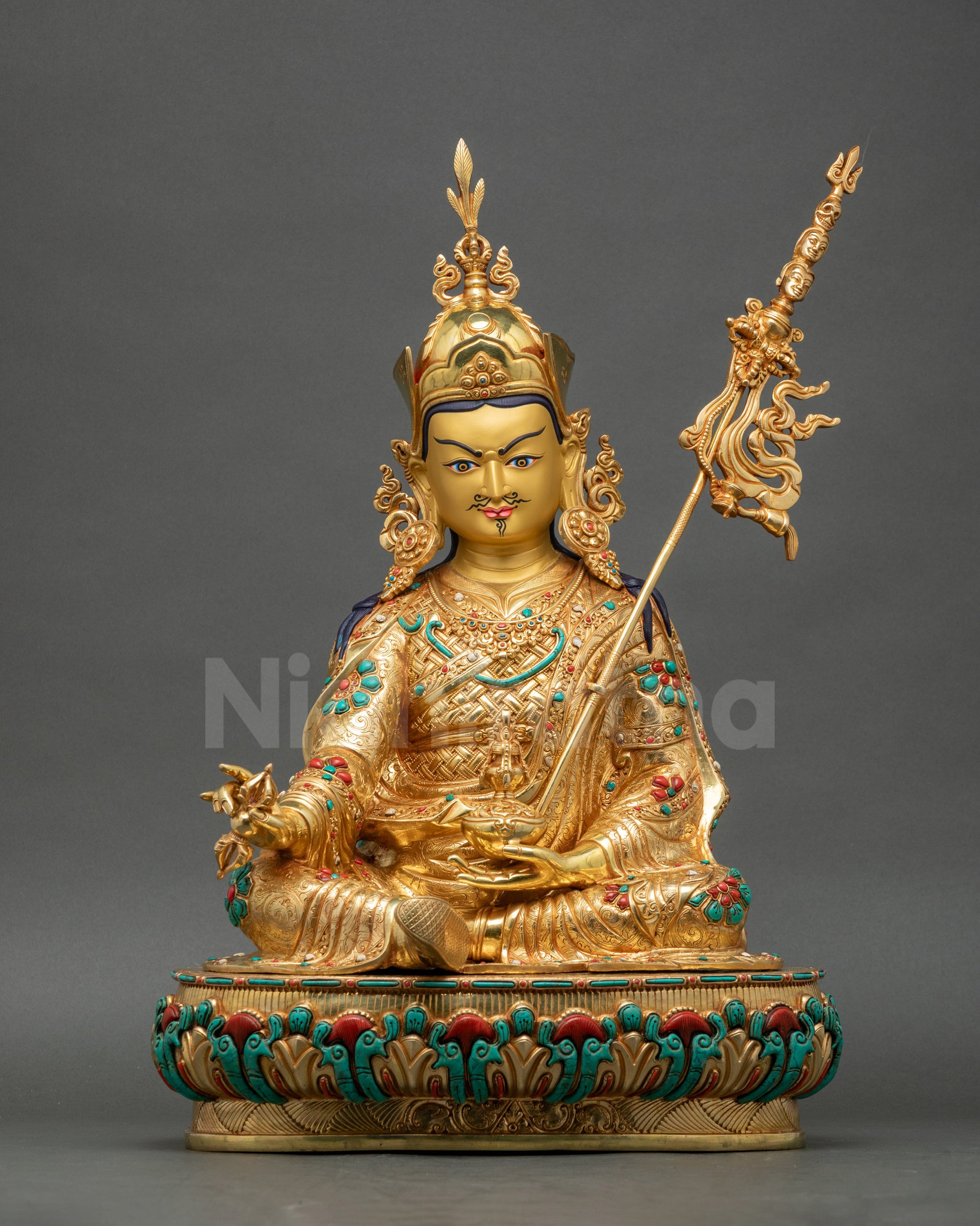 Guru Padmasambhava statue handcrafted in Nepal with fire-gilded gold copper Vajrayana detailing